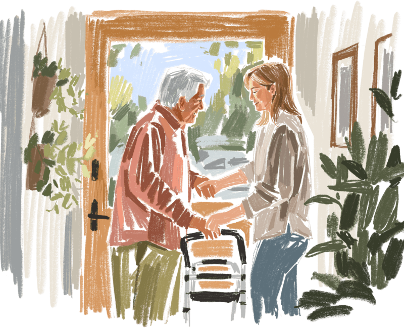 A warm, hand-painted digital illustration in a loose, painterly style showing a woman welcoming a senior man with gray hair into a cozy, plant-filled home. The woman smiles gently and holds the man’s hands as he steadies himself with a walker near the open doorway.