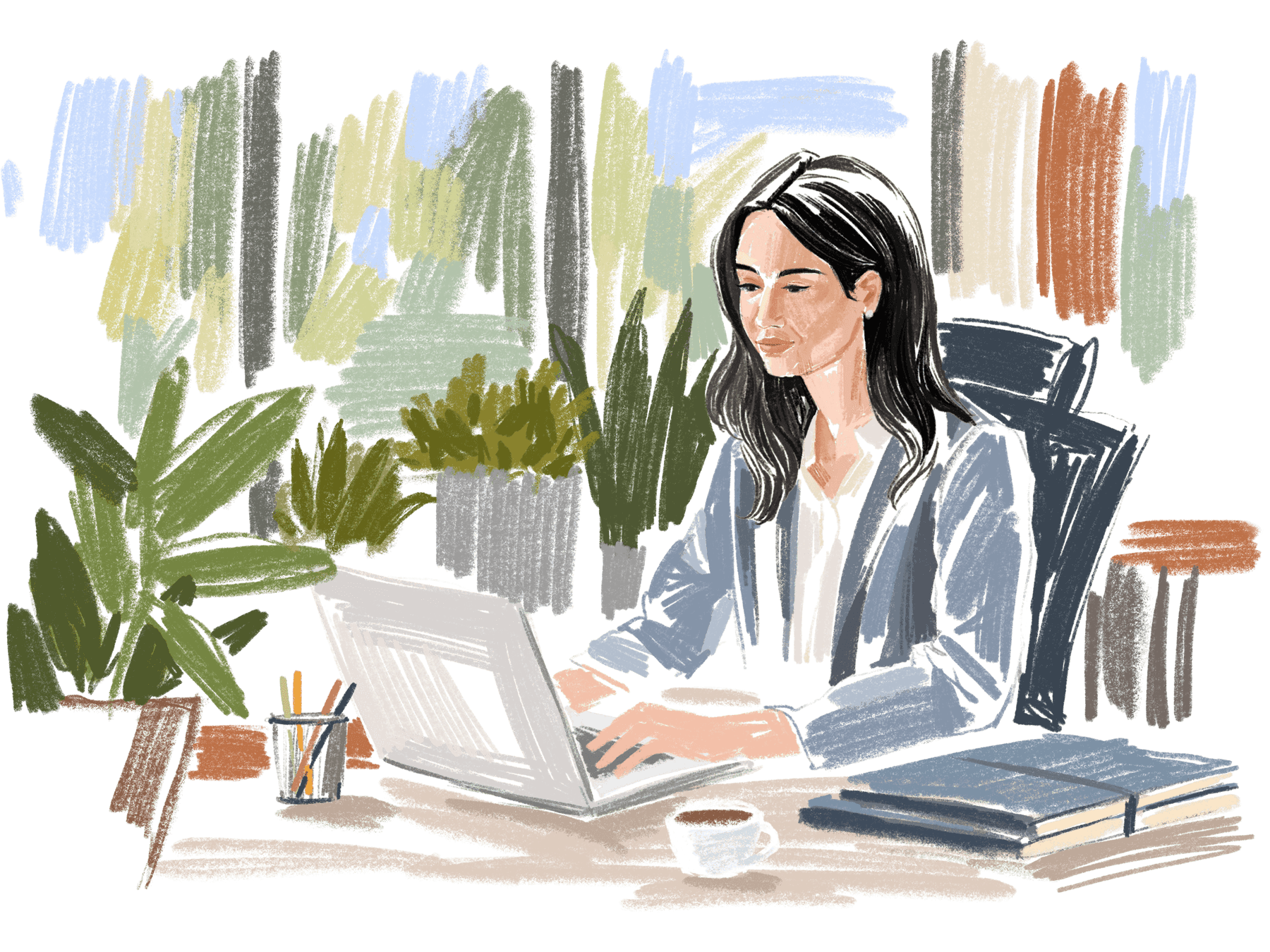 Illustration of a healthcare administrator working on a laptop at a desk. She is seated in a bright, plant-filled office with a cup of coffee and notebooks nearby. The artwork is rendered in a loose, pastel-like style with muted yet warm colors.