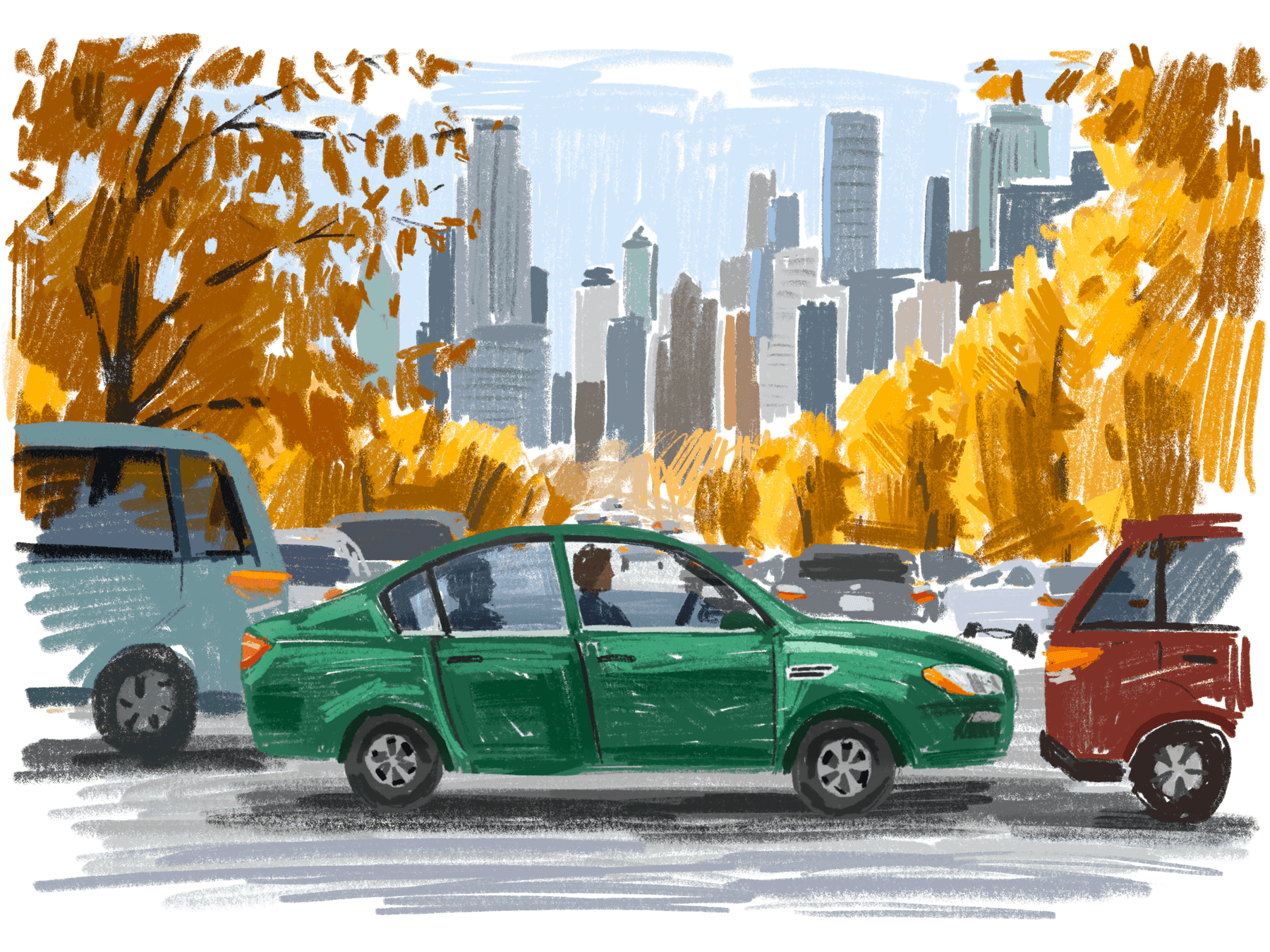 Illustration of a green MedHaul car in city traffic, surrounded by other vehicles. The scene is set on a street lined with golden autumn trees, with tall skyscrapers rising in the hazy background. The artwork employs loose strokes reminiscent of pastel or crayon marks. The colors are soft yet vibrant, emphasizing warm yellows and cool grays.