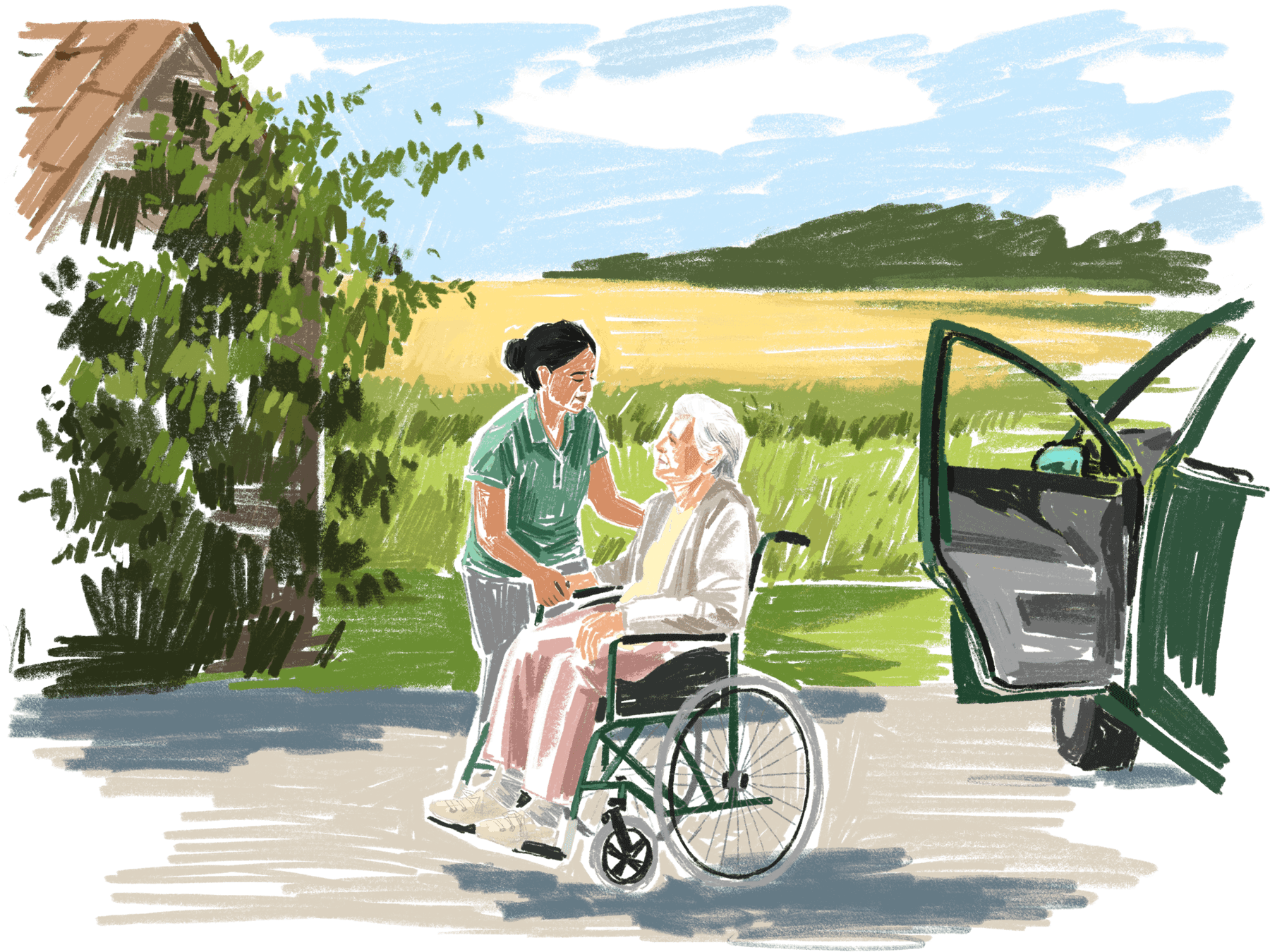 Illustration of a MedHaul driver assisting an elderly patient in a wheelchair outside her home. The scene is set in a bright, rural landscape with green fields, trees, and a blue sky. The driver is gently helping the patient near a green car with its door open. The artwork is rendered in a loose, pastel-like style using warm, natural colors.
